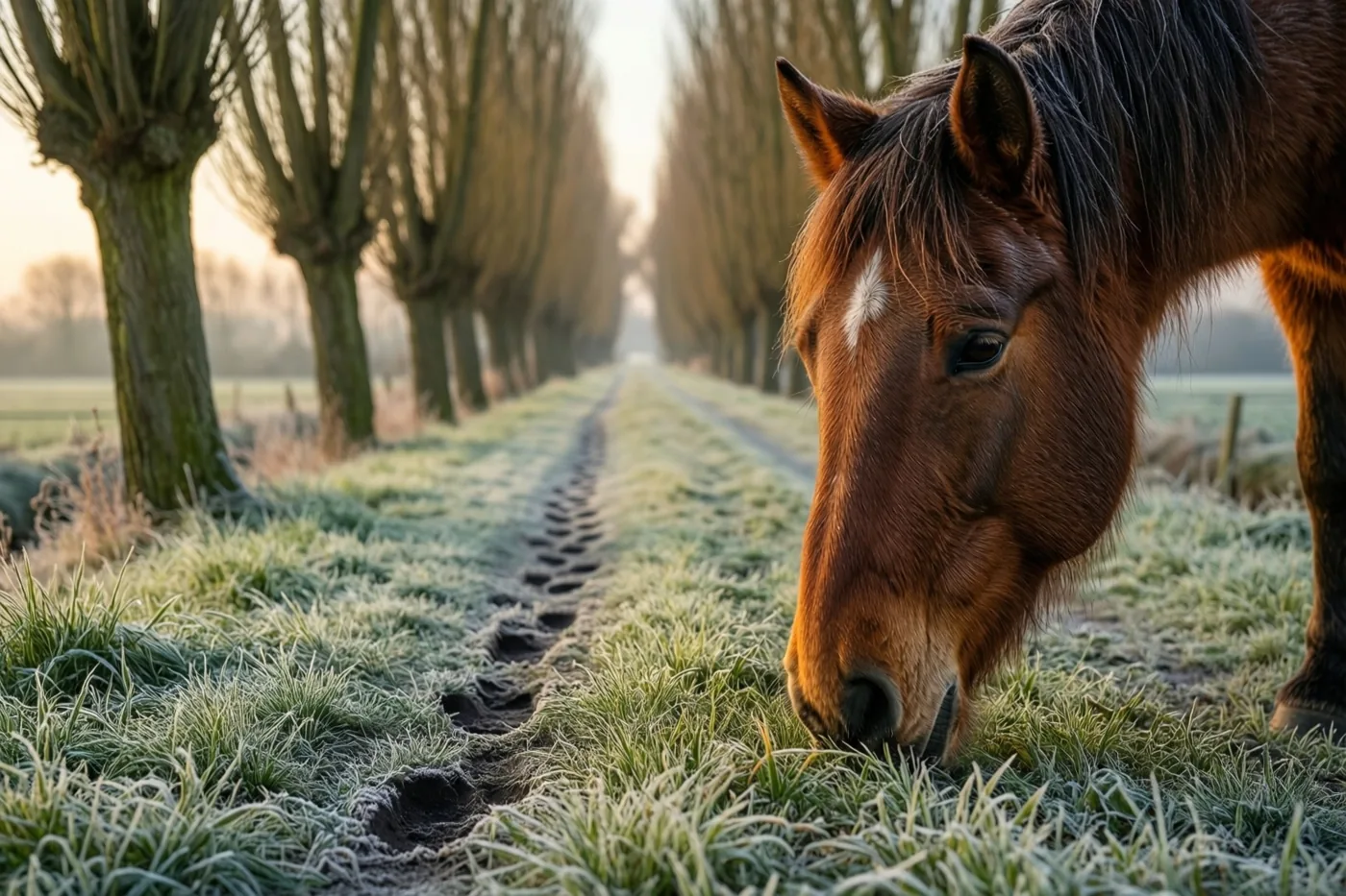 Een bruin paard met een witte vlek op het voorhoofd graast op berijpt gras naast een polderweg met knotwilgen en hoefsporen in zacht ochtendlicht.