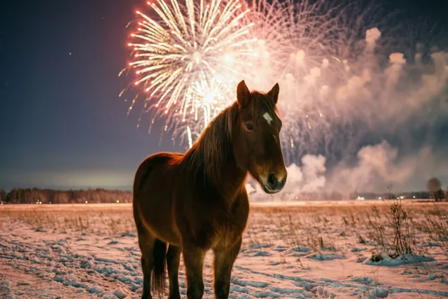 Een paard onder nieuwjaarslicht