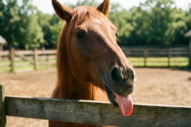 Een bruin paard leunt over een houten hek en steekt zijn tong uit in een zonnige paddock, met groene bomen op de achtergrond.