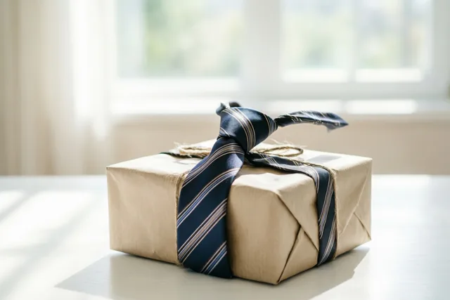 Een cadeau in bruin papier staat op een witte tafel, vastgebonden met een blauw gestreepte das die onhandig uitsteekt, met een raam op de achtergrond.
