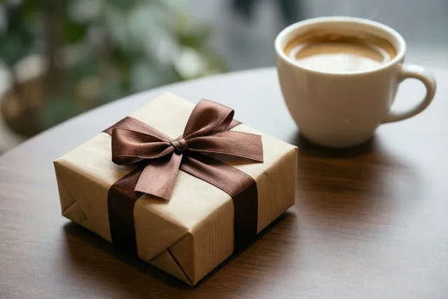 Een klein cadeau in bruin papier met een bruine lintstrik staat naast een witte koffiekop op een houten tafel.