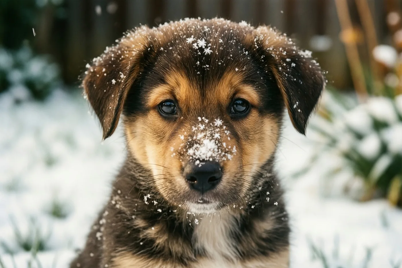 Een bruin puppy met lichtbruine vlekken zit in een besneeuwde tuin, van dichtbij gefotografeerd met sneeuwvlokken op zijn neus en kop.