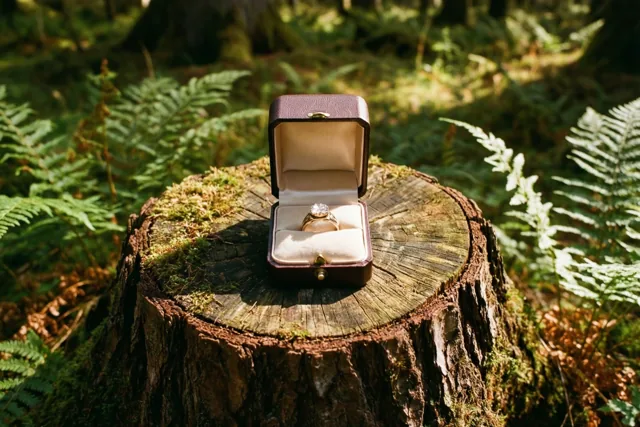 Een open bruin ringdoosje met een gouden ring staat op een bemoste boomstronk tussen groene varens in een zonnige open plek in het bos.