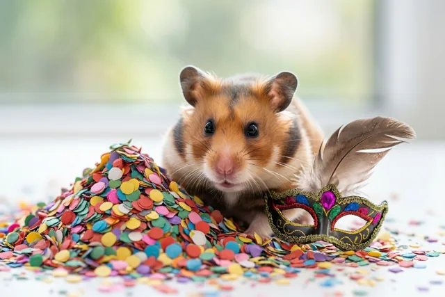 Een bruin-witte hamster piept van achter een hoop kleurrijke confetti op een lichte ondergrond, met een wazig raam op de achtergrond.