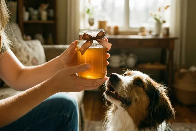 Handen houden een glazen honingpot met een bruine strik voor een bruin-witte hond die gretig omhoogkijkt, in een kamer met zacht licht van een raam.