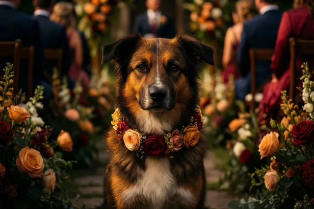 Een bruin-witte hond met een bloemenhalsband zit in het gangpad van een huwelijksceremonie buiten, omringd door gasten en bloemstukken in warm gouden licht.
