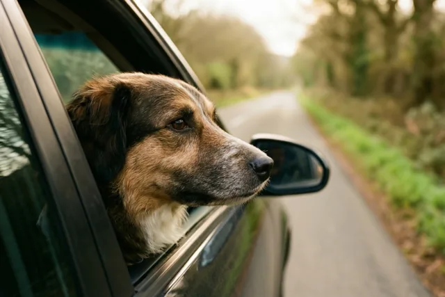 Een bruin-witte hond steekt zijn kop uit een autoraam en kijkt vooruit terwijl de auto in goudkleurig licht over een weg met bomen rijdt.