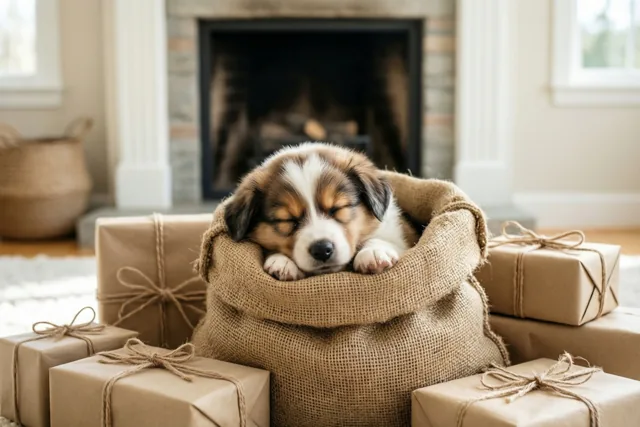 Een kleine bruin-witte puppy slaapt in een grote jutezak tussen cadeaus met touw eromheen, in een woonkamer met een haard.