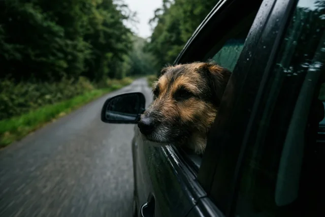 Een bruin-zwarte hond steekt zijn kop uit een autoraam en kijkt vooruit op een smalle weg tussen groene bomen, in gedempte groene en grijze tinten.