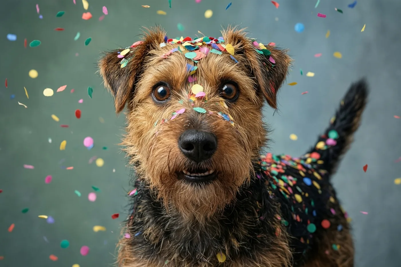 Een ruwharige bruin-zwarte terriër kijkt verbaasd naar de camera terwijl kleurrijke confetti op zijn vacht en voor de grijsgroene achtergrond valt.