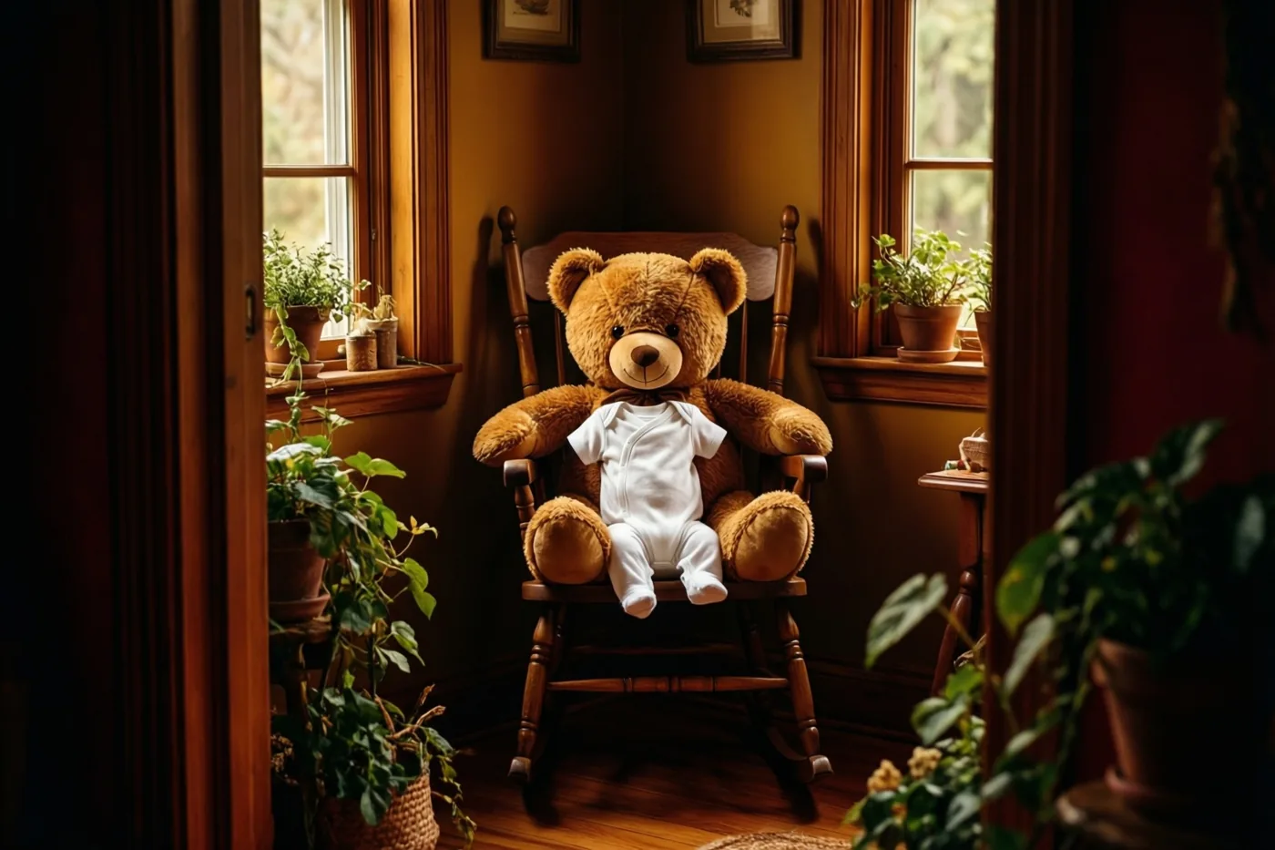 Een grote bruine teddybeer houdt een klein wit babypakje vast in een houten schommelstoel, in een babykamer met houten muren, ramen en potplanten in goudkleurig licht.