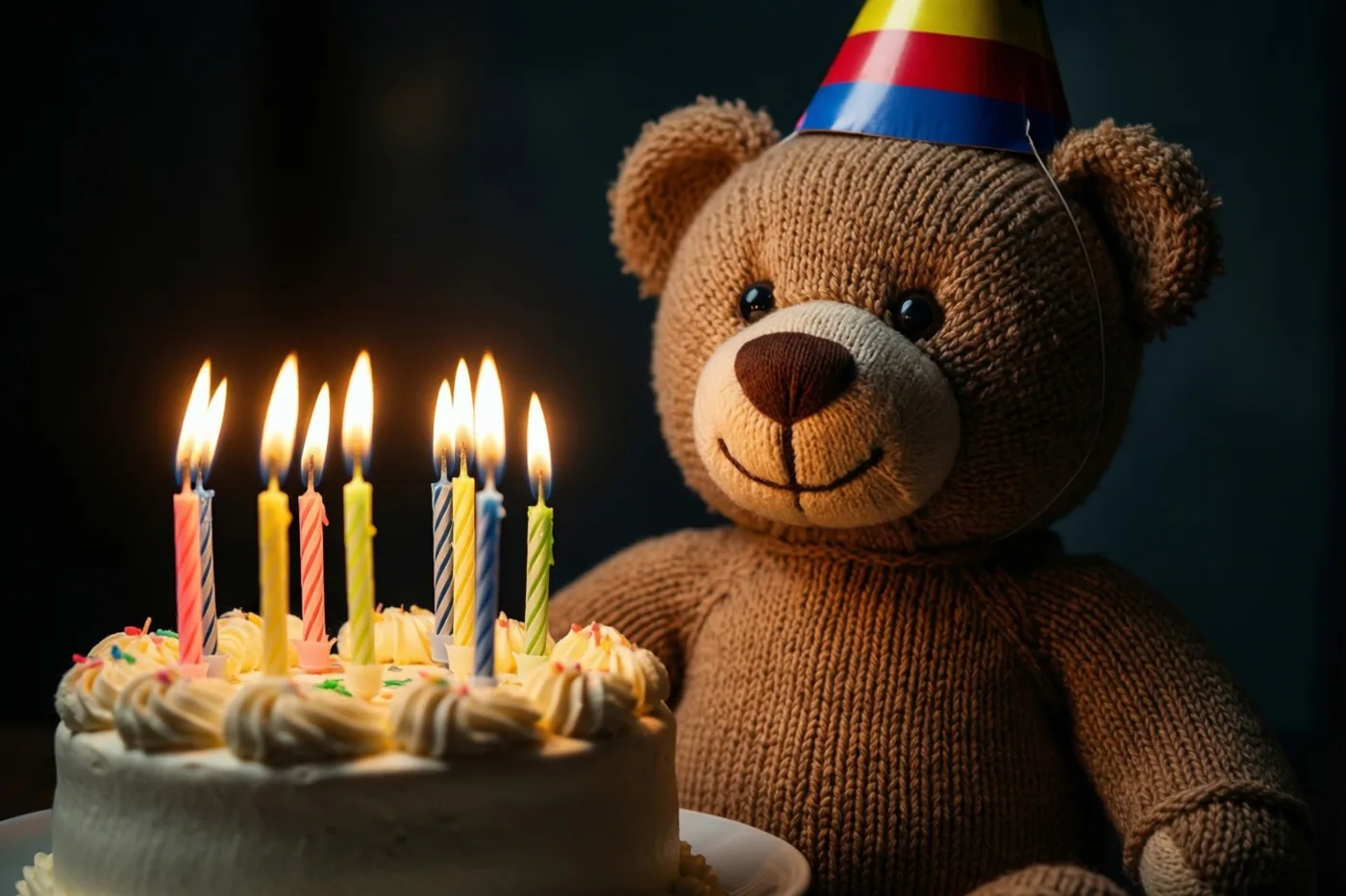 Een gebreide bruine teddybeer met een kleurrijk feesthoedje zit naast een klein wit taartje met brandende kaarsjes tegen een donkere achtergrond.