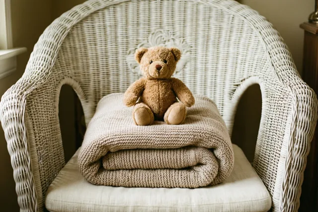 Een kleine bruine teddybeer zit op een opgevouwen beige gebreide deken op een witte rieten stoel, zacht verlicht.
