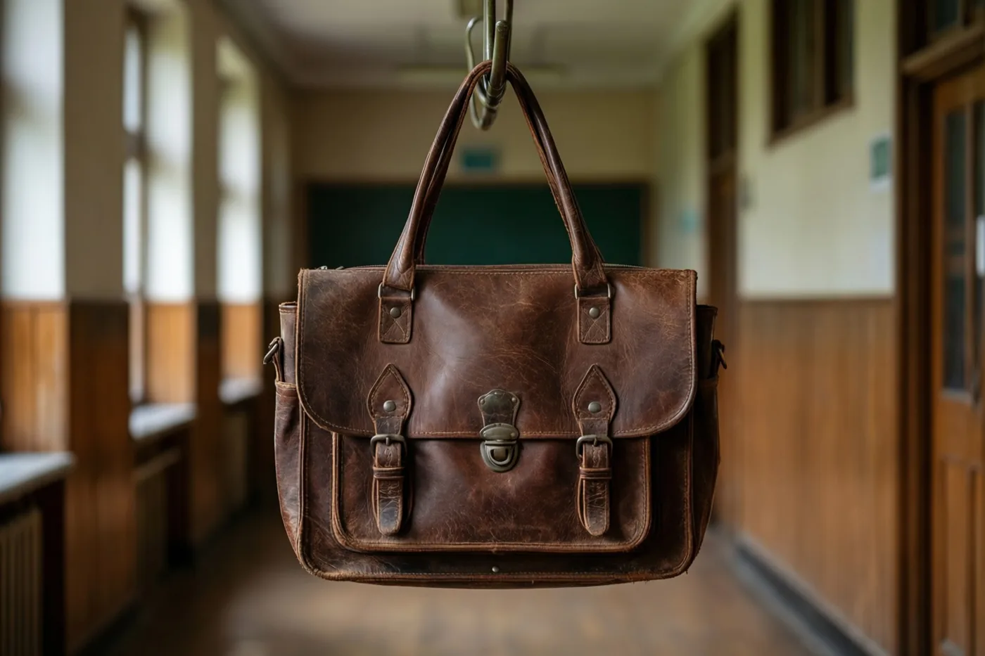 Een oude bruine leren boekentas hangt aan een metalen haak in een warm verlichte schoolgang met houten wandbekleding en ramen op de achtergrond.