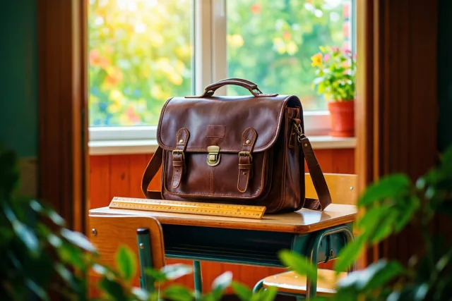 Een bruine leren boekentas en een houten lat liggen op een houten klasbureau in warm raamlicht, met groene bladeren buiten.