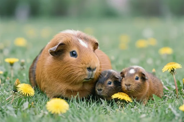 Een moedercavia en haar twee jongen zitten dicht tegen elkaar in groen gras met gele paardenbloemen, met warme bruine tinten in hun vacht.