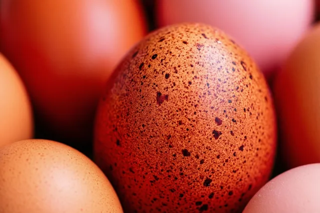 Een gespikkelde bruine eierschaal is van dichtbij te zien tussen wazige eieren in warme bruine, oranje en rode tinten.