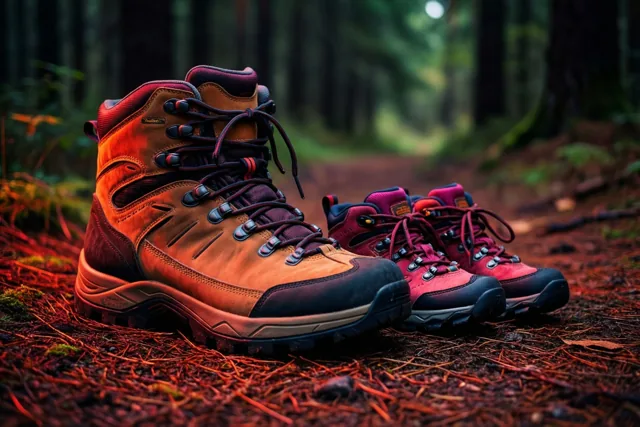 Een grote bruine wandelschoen en een kleinere rode wandelschoen staan naast elkaar op een pad met dennennaalden in een schemerig bos met mos.