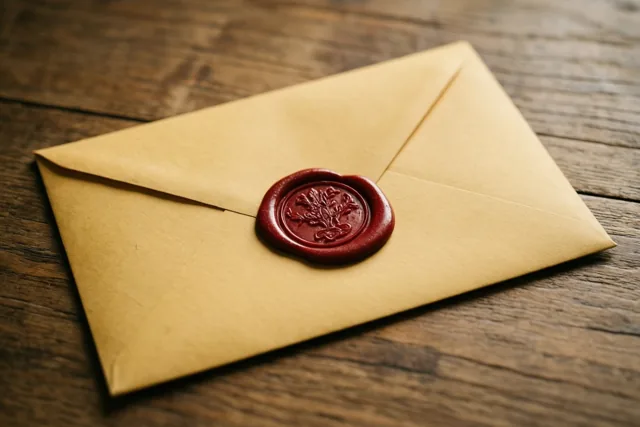 Een bruine envelop met een rood lakzegel met een boommotief ligt op een rustieke houten tafel.