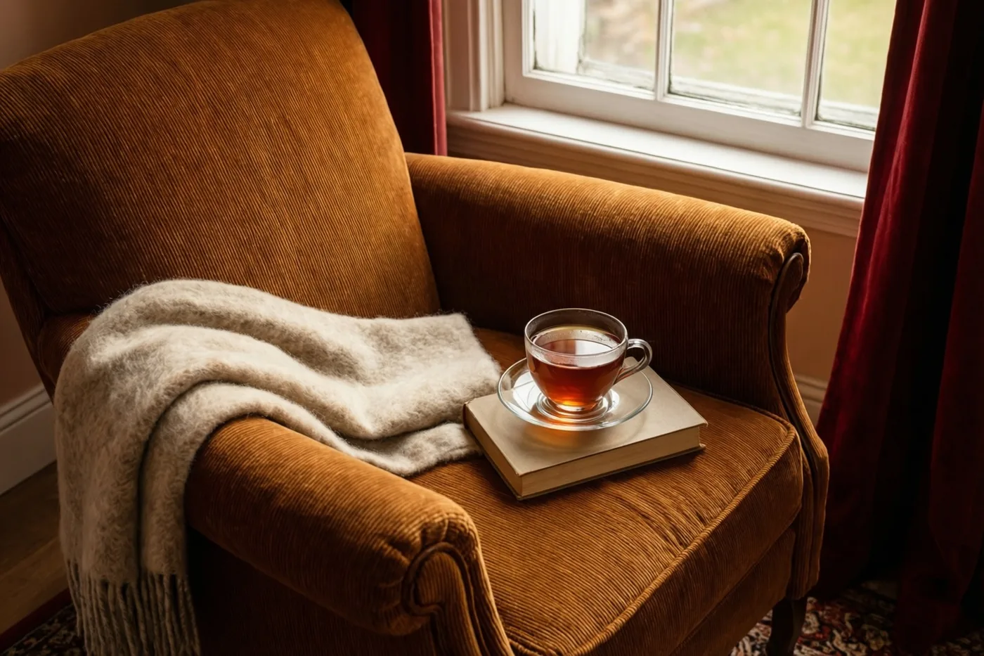 Een bruine ribfluwelen fauteuil met een beige wollen deken en een glazen theekop op een boek staat bij een hoog raam met rode gordijnen.