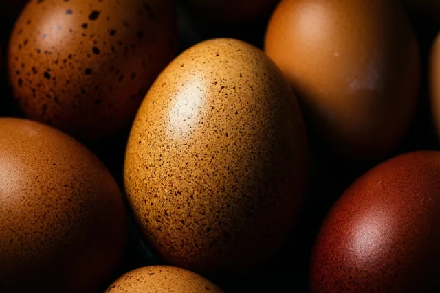 Bruine gespikkelde eieren liggen dicht bij elkaar in zacht warm licht dat hun structuur en natuurlijke patronen benadrukt.