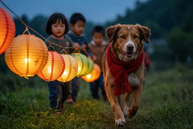 Een bruine hond met een rode sjaal draaft bij valavond door een grasveld naast een rij brandende papieren lampionnen, met kinderen die lampionnen vasthouden op de achtergrond.