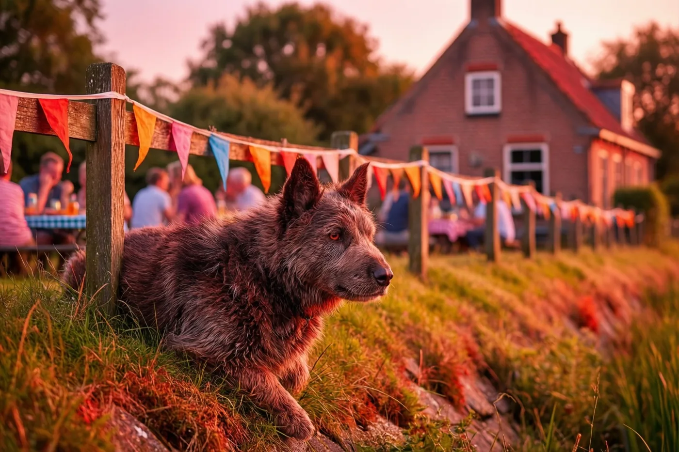 Een ruige bruine hond ligt op een groene polderdijk en kijkt naar rechts, met kleurrijke vlaggetjes aan een houten hek en picknickende mensen bij een bakstenen hoeve onder een gouden avondhemel op de achtergrond.