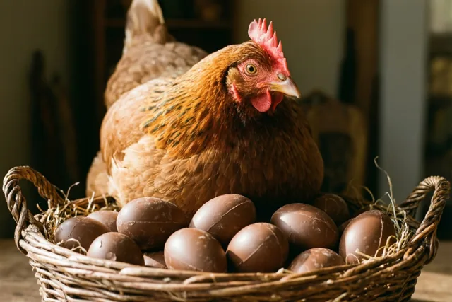 Een bruine kip met een rode kam zit boven op een rieten mand vol chocolade-eieren en lijkt die te bewaken, binnen in warm licht.