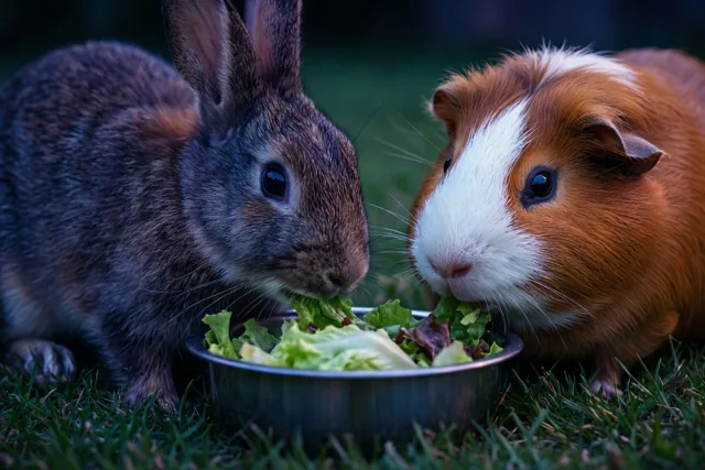 Een bruin konijn en een bruin-witte cavia eten sla uit een metalen kom op groen gras, in zacht licht met een onscherpe achtergrond.