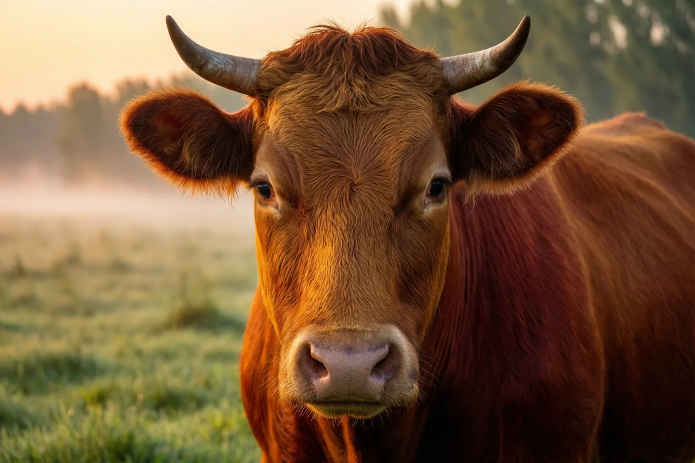Een bruine koe met horens kijkt van dichtbij recht in de camera in een mistige weide bij zonsopgang, met groen gras en onscherpe bomen achter zich.