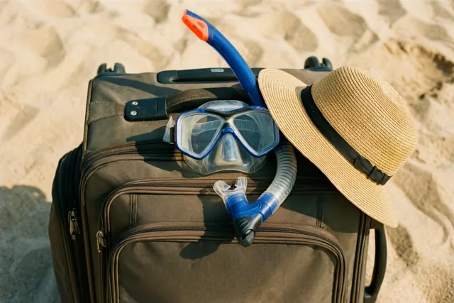 Een donkerbruine koffer staat in warm zonlicht op het zandstrand, met een blauw snorkelmasker en een strohoed erop.