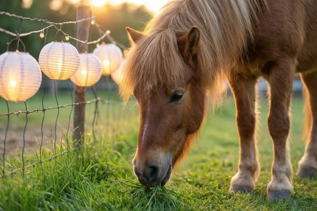 Een kleine bruine pony graast op groen gras bij een hek met brandende papieren lampionnen in het gouden licht van de avond.