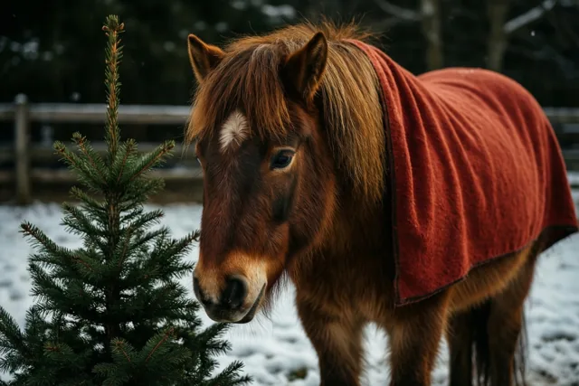 Een bruine pony met een rode deken staat in een besneeuwde paddock naast een kleine spar in een winters landschap met gedempte kleuren.