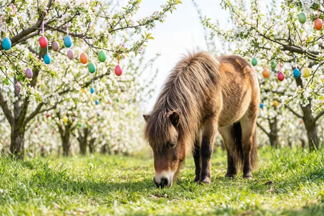 Een kleine bruine pony graast op groen gras tussen een rij bomen met witte bloesems en kleurrijke paaseieren aan de takken.