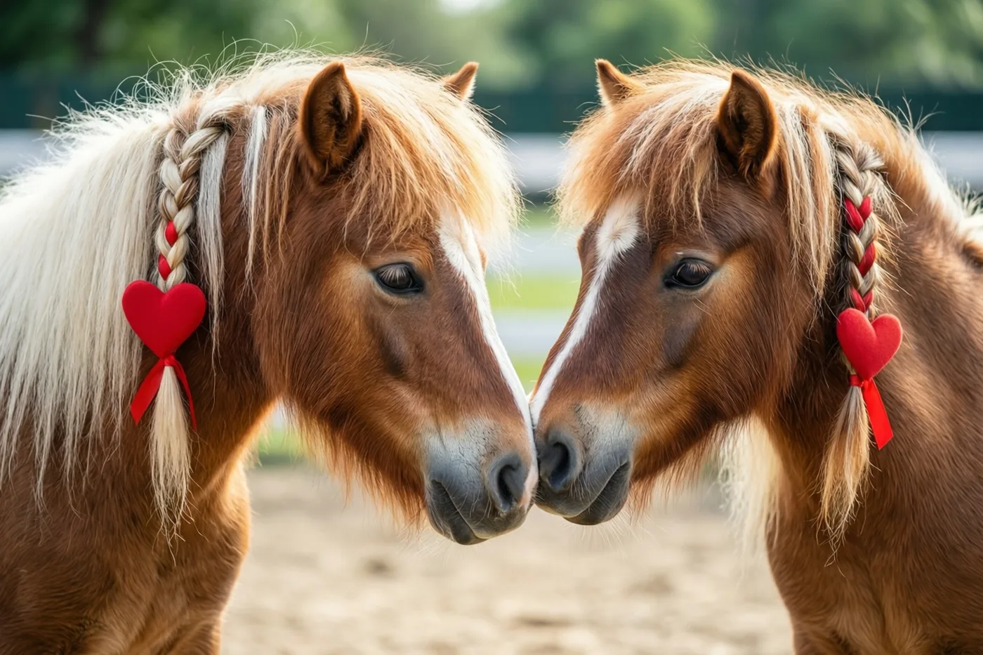 Twee kleine bruine pony's met witte manen waarin rode hartjeslinten zijn gevlochten, liefkozen elkaar met hun snuit in een zanderige paddock in warm daglicht.