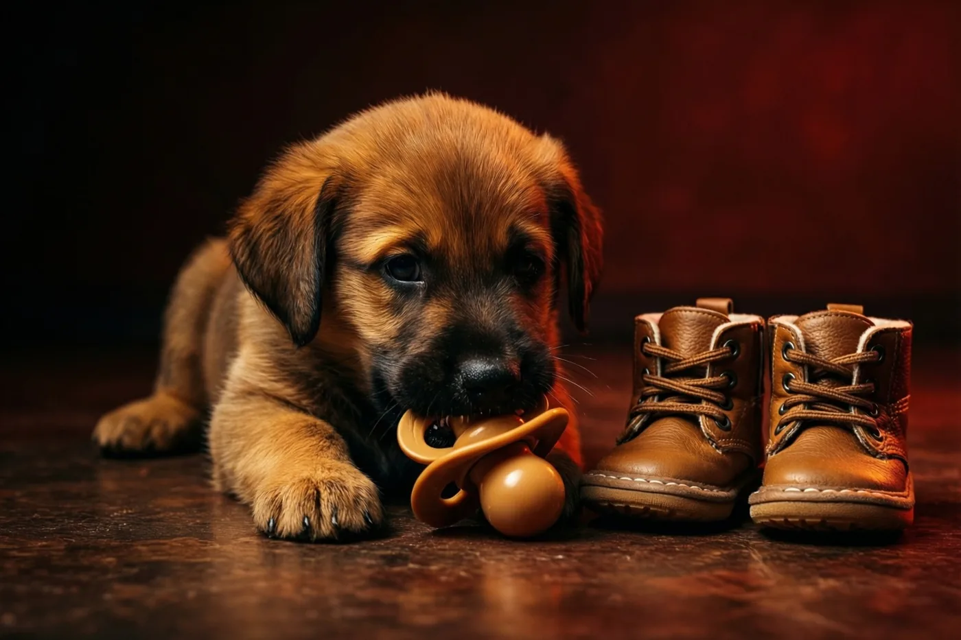 Een kleine bruine pup kauwt liggend op een geel tutje naast bruine babyslofjes op een donkere houten vloer, met warm licht en een dieprode achtergrond.