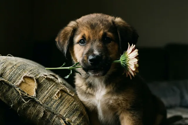 Een kleine bruine puppy met hangoren zit naast een versleten, gescheurd kussen en houdt een roze-witte bloem in zijn bek, tegen een donkere achtergrond.