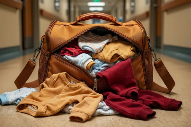 Een open bruine reistas puilt uit van de babykleertjes op de vloer van een ziekenhuisgang met beige muren en tl-verlichting.