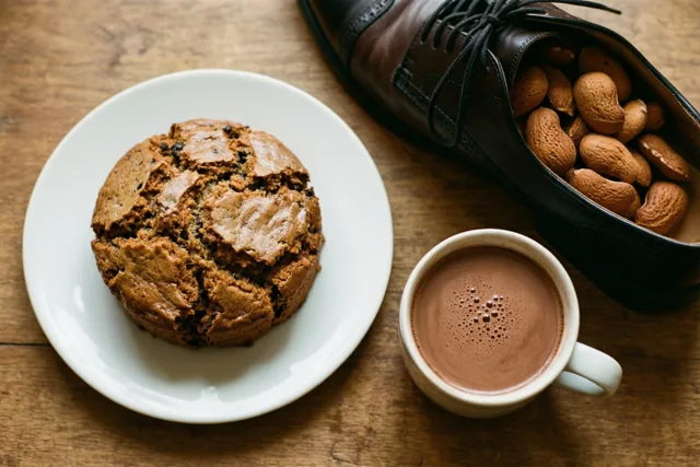 Een koffiekoek op een wit bord en een mok chocolademelk staan op een houten tafel naast een bruine leren schoen gevuld met amandelen.