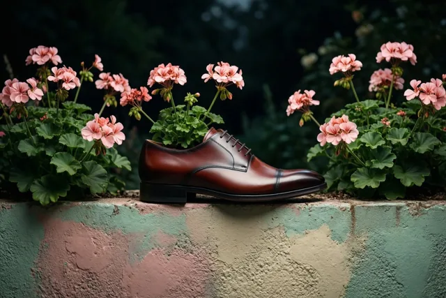 Een opgepoetste bruine geklede schoen met roze geraniums staat op een verweerde tuinmuur tegen een donkere, onscherpe achtergrond.