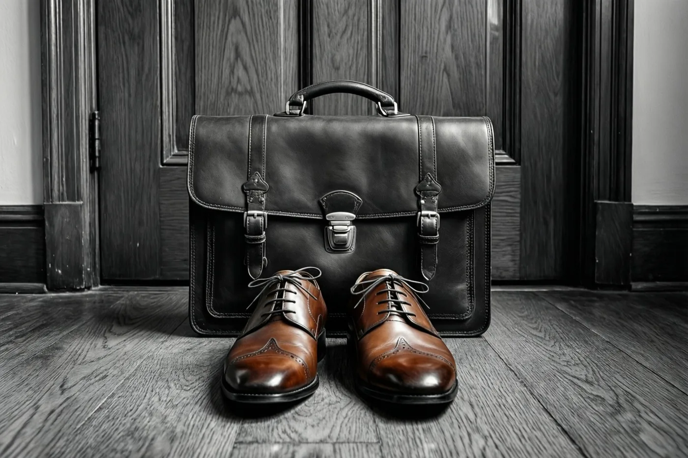 Een zwarte leren aktetas en gepoetste bruine geklede schoenen staan op een houten vloer voor een donkere houten deur, waarbij alleen de schoenen kleur hebben.