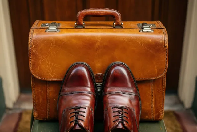 Een bruine leren retroaktetas met zilverkleurige sluitingen staat achter gepoetste bruine schoenen op een tegelvloer voor een houten deur.