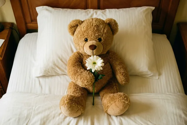 Een bruine teddybeer met een witte bloem zit rechtop op een wit bed met een houten hoofdbord en wit beddengoed.