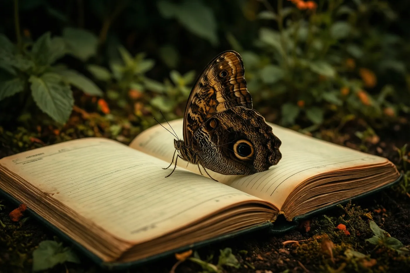 Een grote bruine vlinder met oogvormige patronen rust op een open gelijnd kinderschrift op bemoste grond in een tuin met onscherp groen.