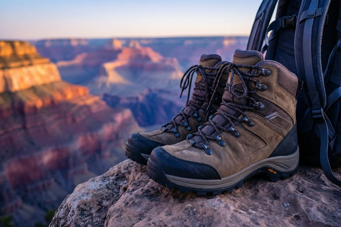 Bruine wandelschoenen en een donkere rugzak staan op een rotsrichel boven een uitgestrekte, zonovergoten kloof met een onscherpe achtergrond.