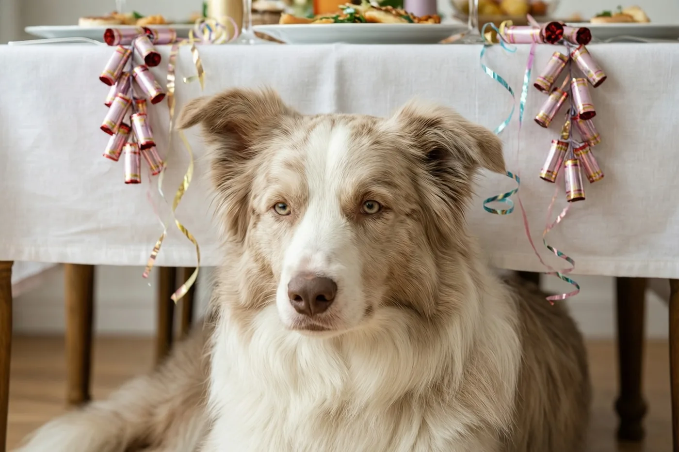 Een pluizige lichtbruine en witte bordercollie ligt onder een wit tafelkleed met hangende knalbonbons en slingers en kijkt rustig naar de camera.