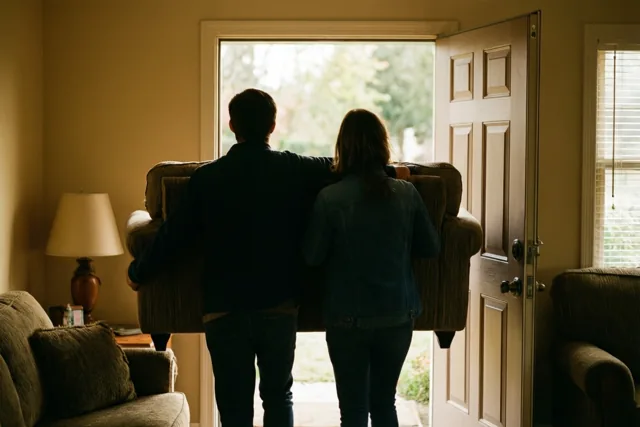 Twee mensen dragen een bruine zetel door een open voordeur naar een woonkamer met beige muren en warm daglicht.