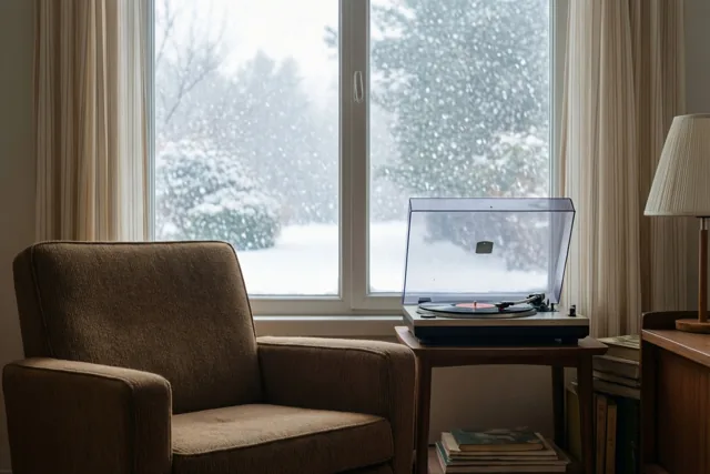 In een woonkamer in de stijl van de jaren zeventig staan een bruine zetel en een platenspeler op een houten bijzettafel, met vallende sneeuw achter een groot raam.