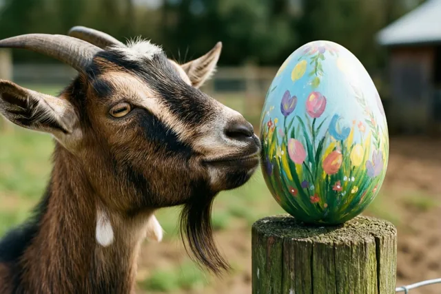 Een bruin-zwarte geit met gebogen hoorns besnuffelt een groot paasei met kleurrijke bloemen op een verweerde houten weidepaal, met een wazig boerenerf op de achtergrond.