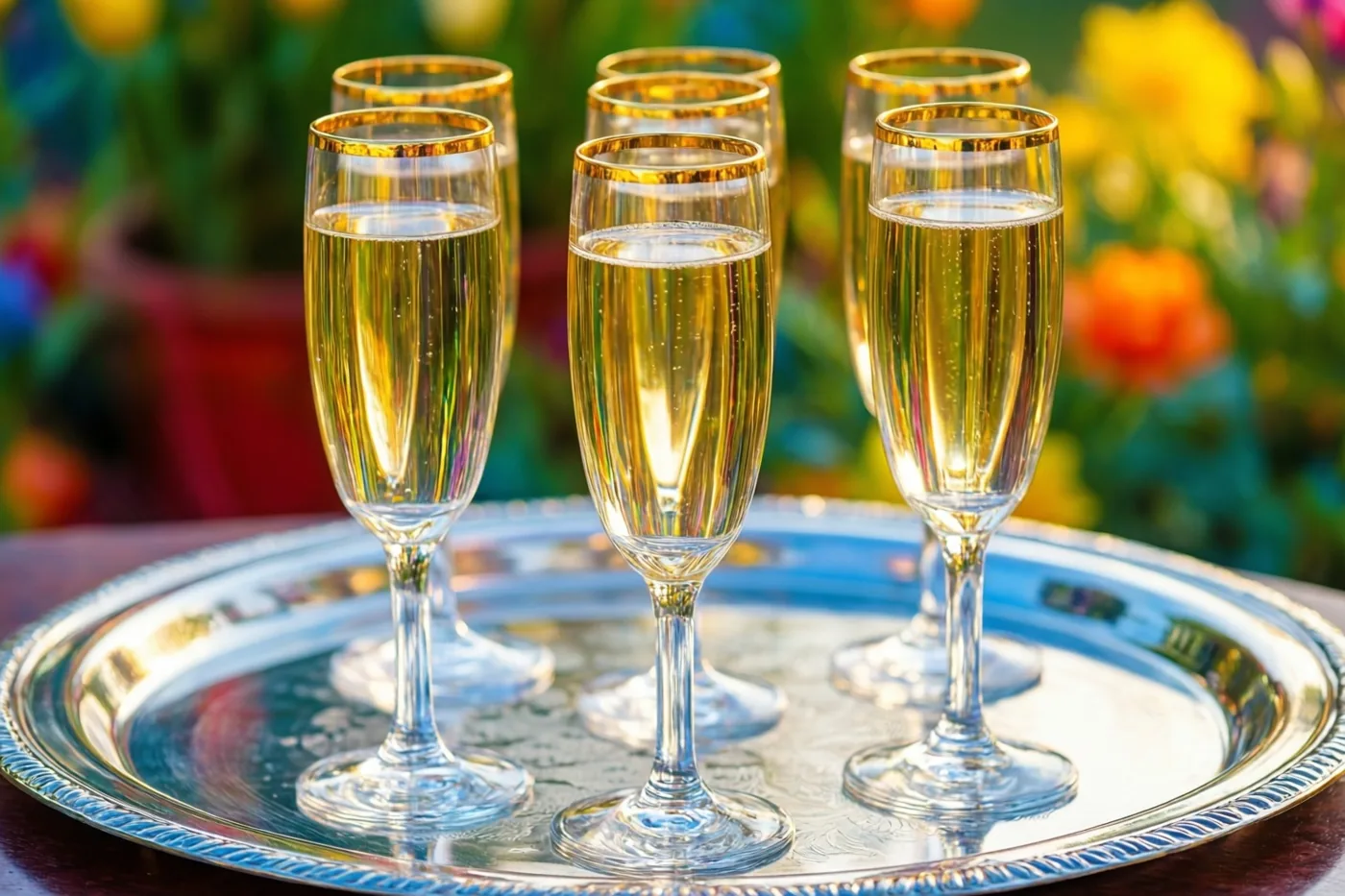 Zes champagneglazen met gouden rand en een goudkleurige bruisende drank staan op een zilveren dienblad, buiten voor onscherpe bloemen en groen.